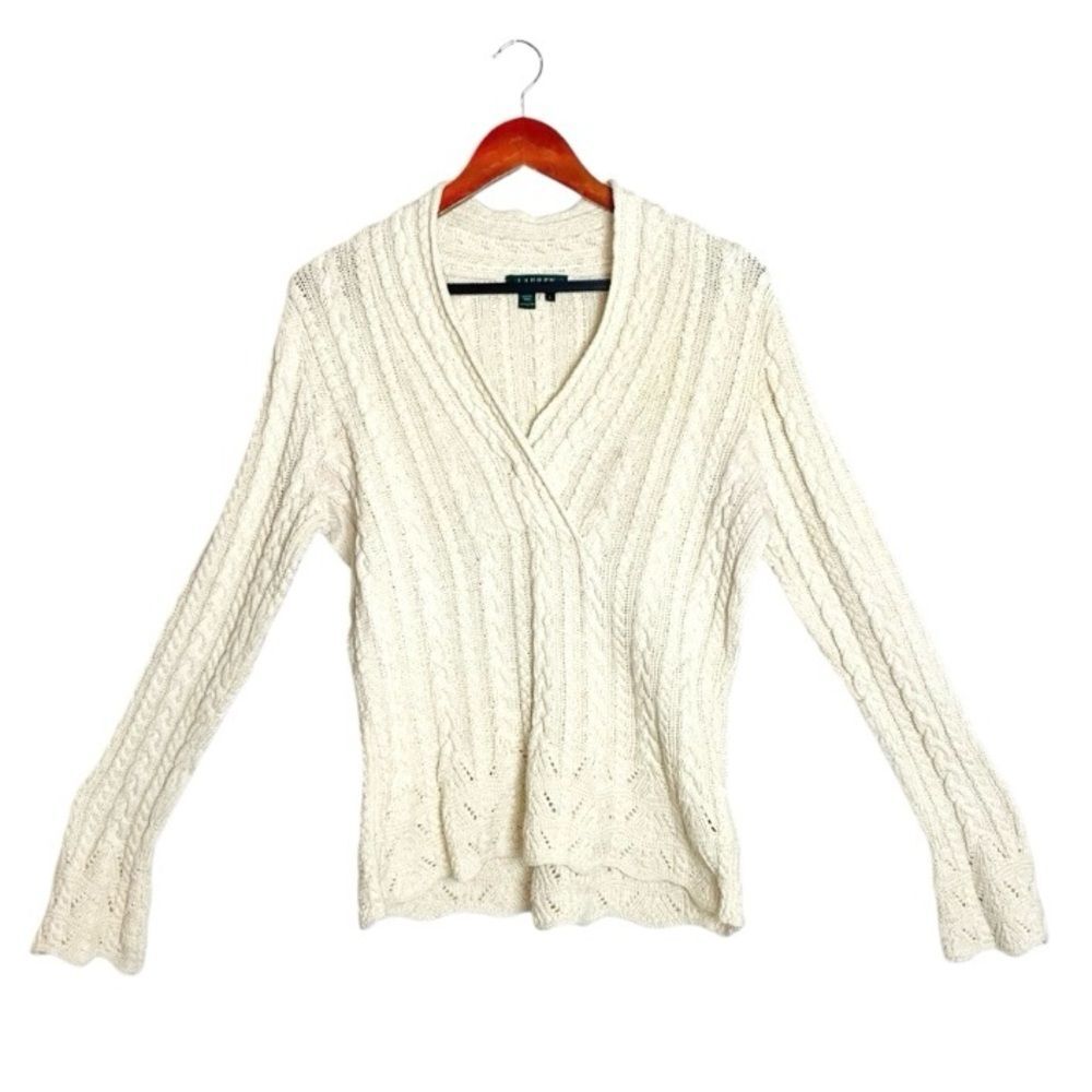 VTG LRL Surplice V-Neck Long Sleeve Ivory Scalloped Fisherman Cable Knit Sweater - Picture 2 of 6